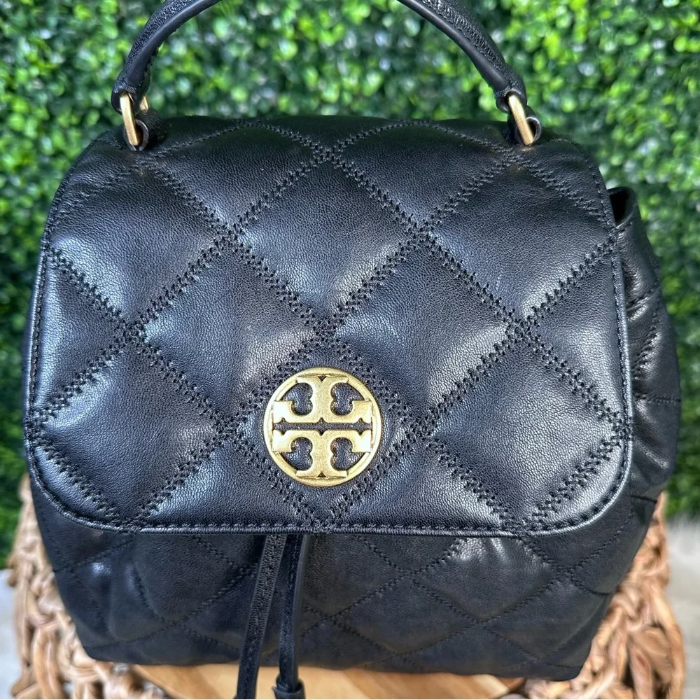 NWOT Tory‎ Burch Willa Leather Quilted Backpack Black Gold